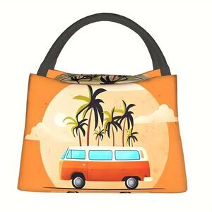 Beach Van Bus Palm Trees Insulated Cooler Tote Lunch Bag Zippered Gift NEW